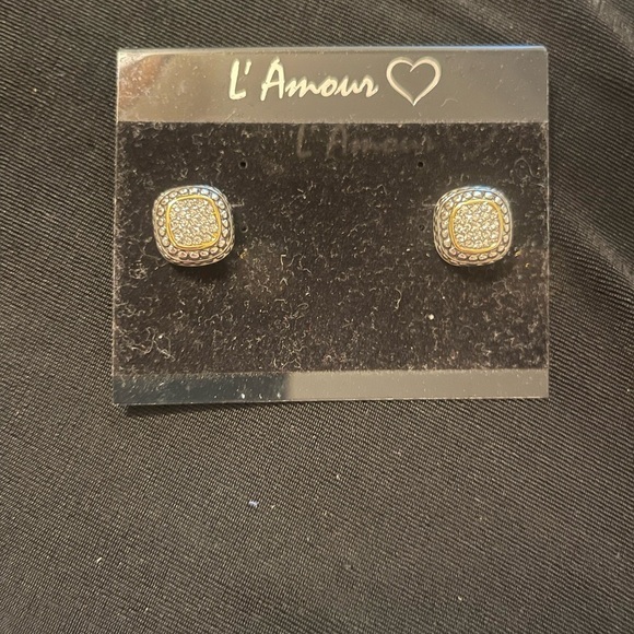 L'Amour Silver and Gold Square Earrings - Picture 1 of 3